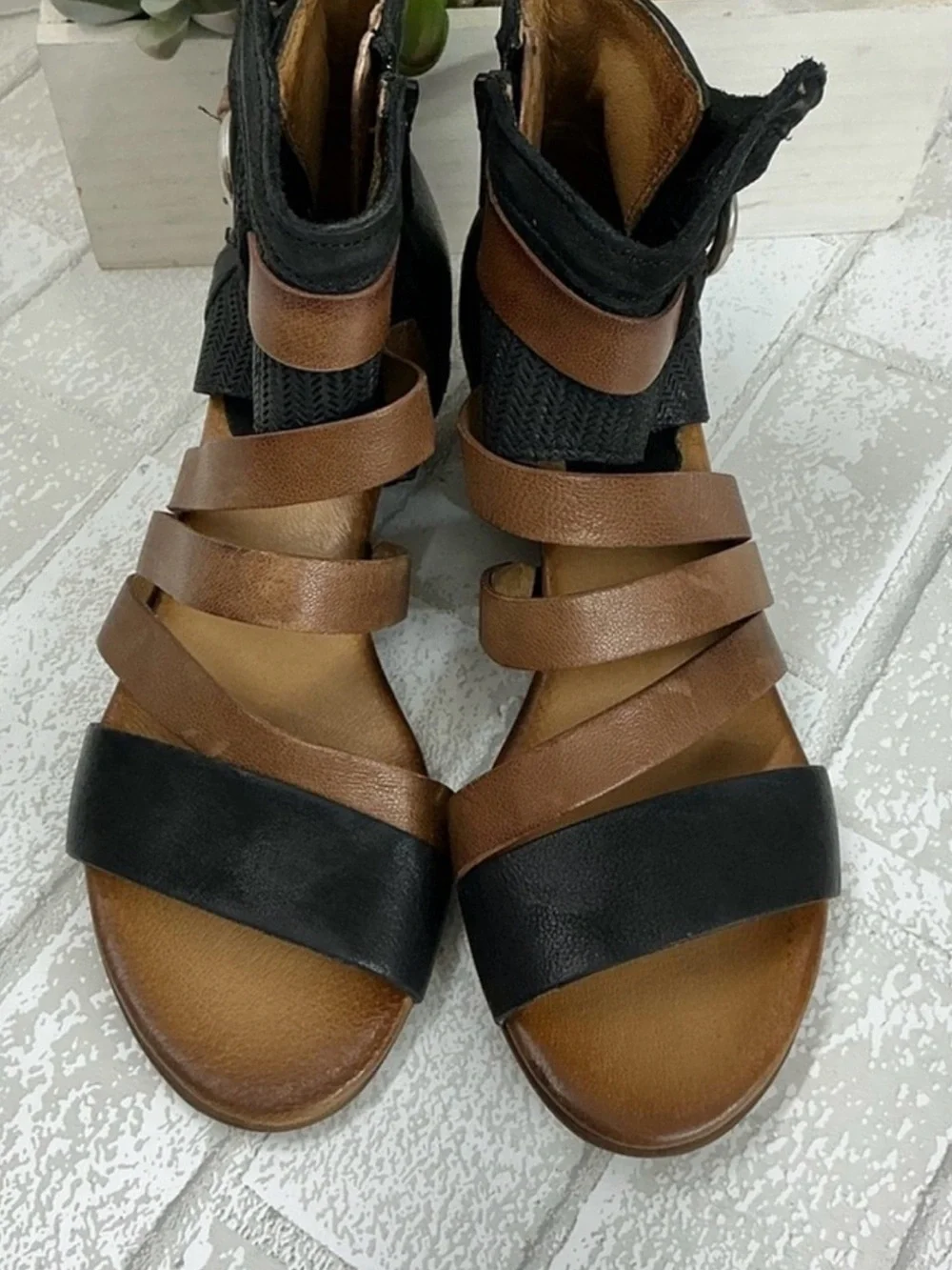 Miz Mooz Two-Tone Brown and Black Strappy Wedge Sandals